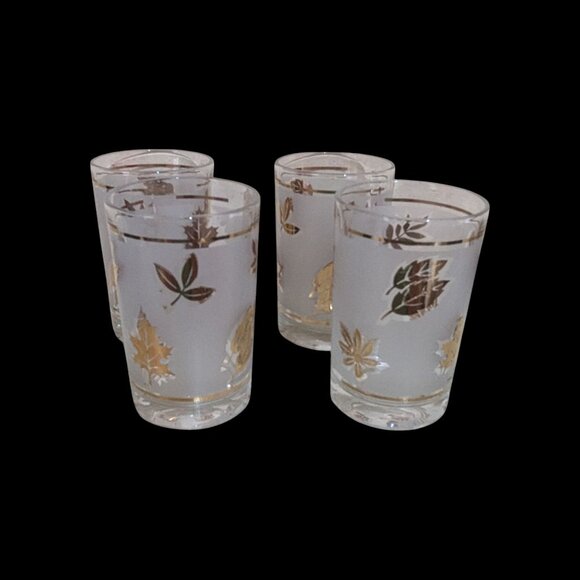 Libbey Vintage Gold Leaf Juice Glasses Set Of 4 Frosted Leaf Design Retro 4" - Picture 2 of 5